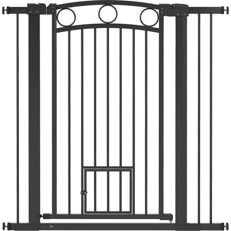 Barrière de protection pour animaux de hauteur de 106 cm, avec une largeur adaptable. Il comprend également une porte intégrée pour les chats. Conçue pour être utilisée sur des escaliers et des cadres (1/4)