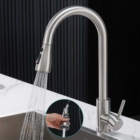 Robinet Cuisine avec Douchette Extractible, Mitigeur Cuisine Acier Inoxydable 304, Haut Bec Robinetterie Evier Rotatif à 360° en 3 Modes de Réglage, Finition Brossée, Froid & Chaud Disponible (1/4)