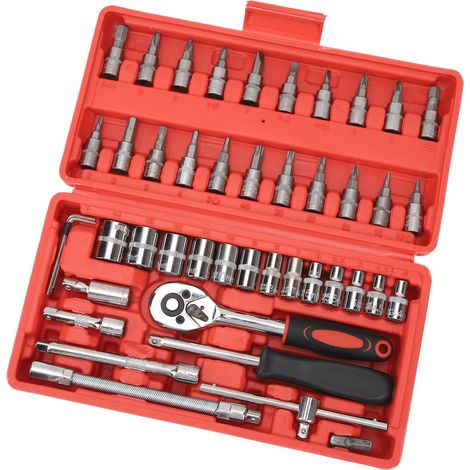Coffret 46 pièces outillage mécanicien auto, clé à cliquet 1/4 pouce, kit réparation voiture pour entretien domicile et atelier. (1/5)