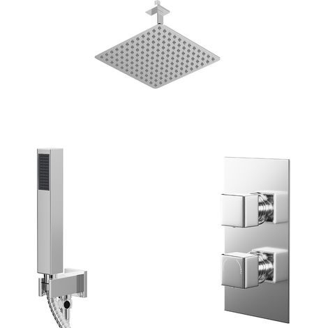 Cubix Polished Chrome Concealed Twin Thermostatic Shower Valve with Diverter and 300mm Square Head with 150mm Ceiling Arm and Outlet Holder with Kit - 2 Outlet (1/5)