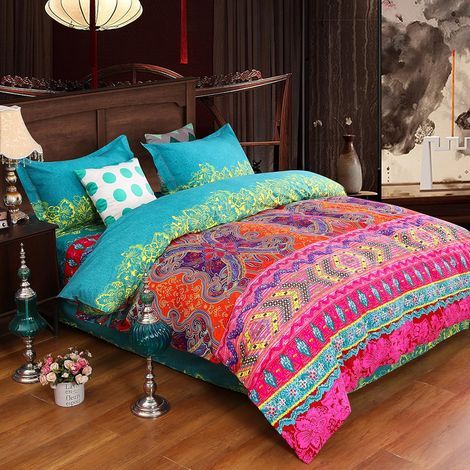 Parure de lit 4 pièces 220x240cm – 100% coton doux – 2 taies d'oreiller 48x75cm – Drap de lit 250x270cm – Housse de couette adulte boho (1/5)