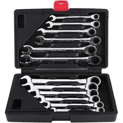 Clé Plate/Anglaise à Cliquet, Coffret de Clé à Douilles et Embouts Clé à Molette à Cliquet 8mm-19mm 12pcs pour Garage Bricolage(Clé Anglaise)
