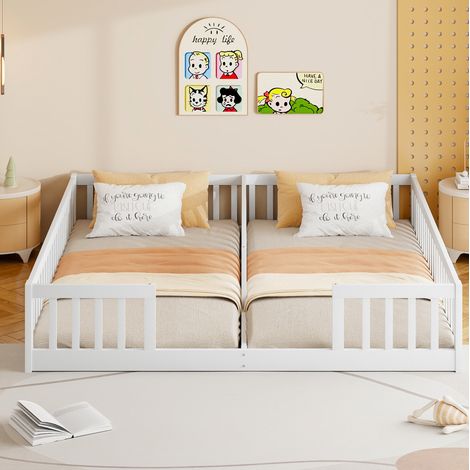 Lit enfant 204/187/40 cm blanc en bois de pin et MDF avec barrières de sécurité (1/5)