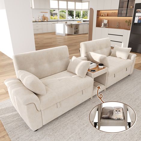 Canapé 4 places, extensible, couchage double, dossier réglable, espace pour animaux, table basse, 2 porte-gobelets, beige (1/5)