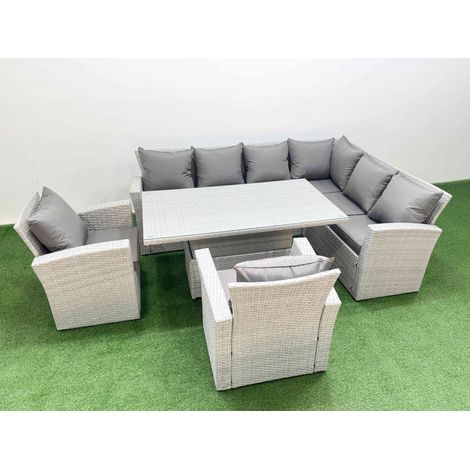 Fimous 8 Seat Rattan Garden Furniture Corner Sofa Set Outdoor Adjustable Lifting Dining or Coffee Table Set with 2 Armchairs Light Grey (1/5)