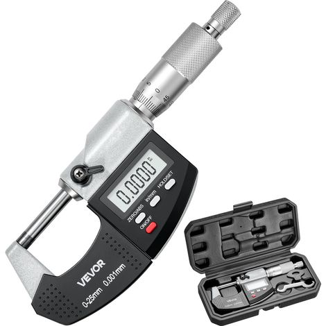 VEVOR Mikrometer, Digitale Bügelmessschraube, Messbereich 0–25,4 mm, Auflösung 0,001 mm, Höchste Präzision 0,003 mm Genauigkeit, LCD-Display, Zoll/mm-Umschaltung, Hartmetallspitze, mit Koffer (1/5)