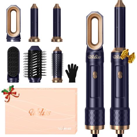 6 en 1 Brosse Soufflante Brushing Air Styler avec Seche Cheveux, Boucleur a Air, Brosse Lissante Chauffante, Thermal Brush, Airstyler Airbrush, Multistyler Cadeaux pour Femmes Styling - Bleu (1/5)