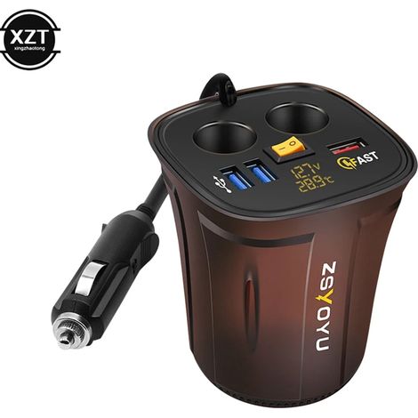Chargeur de voiture rapide QC3.0 USB avec porte-gobelet, adaptateur allume-cigare, voltmètre, prise 12 V, affichage de la température, étanche et interrupteur marche/arrêt. (1/5)