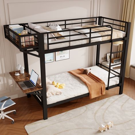 Lit superposé enfant 90x200 cm avec bureau intégré, rangement, sommier à lattes, barrières de sécurité, échelle, métal et MDF - Noir (Sans Matelas) (1/5)