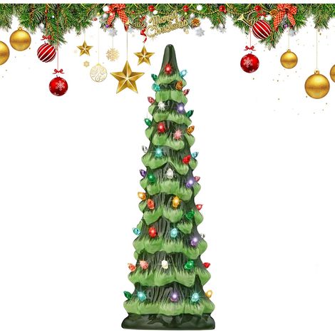 Sapin de Noël rétro peint à la main avec minuterie, arbres de Noël en céramique qui s'allument, sapin de Noël de table avec lumières LED, pour décoration festive de table (lumières colorées, 30 cm) (1/5)