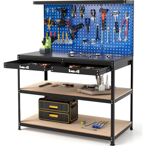 COSTWAY 121 x 61 CM Workbench Heavy-Duty Work Table w/3 PCS Pegboard-Navy (1/5)
