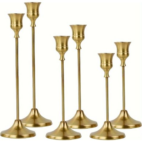 Bougeoir Chandelier Doré Métal - 1 lot / 6 Bougeoirs Décoratifs pour Bougies Coniques pour Cheminée, 15/19/24cm Centre de Table Mariage Noel Maison Décoration