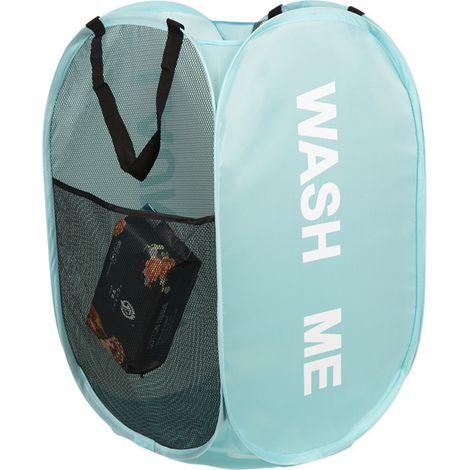 Panier à linge en maille pliable pop-up avec poignée, grande poche latérale, adapté pour chambre d'enfant, dortoir, camping-car, croisière, sac de rangement gris/bleu (1/5)