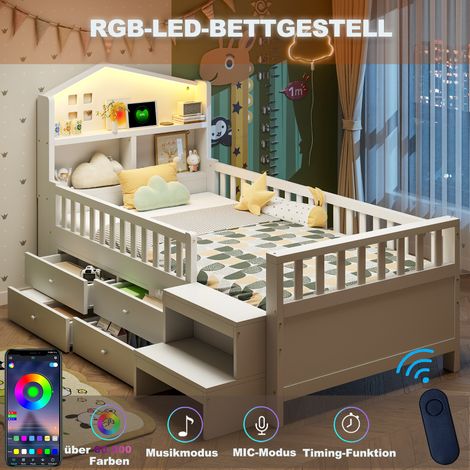 Lit enfant 90 x 200 cm, avec barrière de sécurité, quatre tiroirs de rangement, marches, lumières LED, ports de charge USB et Type-C, lit en bois massif avec sommier à lattes, lit simple, blanc (1/5)