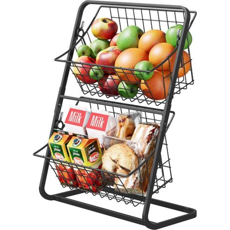 Herausnehmbares 2-stöckiges Küchenregal für Gemüse, Obst- und Gemüseaufbewahrungskorb, Schwarz (1/5)