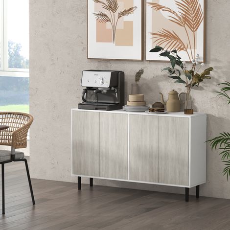 Buffet de cuisine meuble de rangement 2 placards avec étagères réglables. 121 x 37 x 75 cm. blanc et aspect bois gris