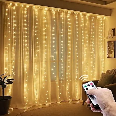 300LED Guirlande Lumineuse Rideau, 3x3m USB, 8 Modes Télécommande, Pour Noël, Mariage, Anniversaire, Fenêtre, Maison, Blanc Chaud (1/5)