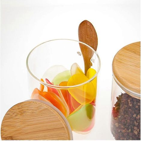 Gläser mit Bambusdeckel, Bambuslöffel, Vorratsdosen aus Glas, Kanister aus Borosilikatglas (1/5)