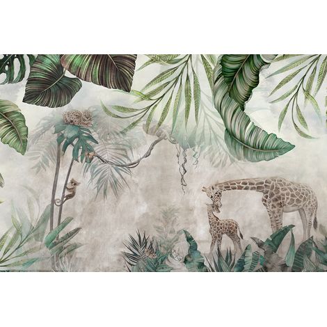 Papier peint panoramique enfants - Forêt Tropicale Girafes - 260 cm x 173 cm (1/2)