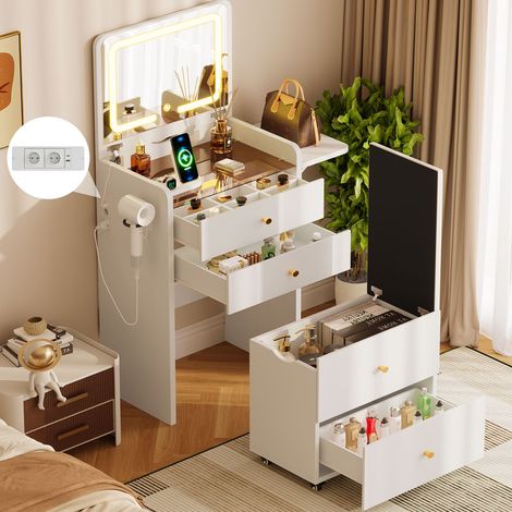 Coiffeuse avec Miroir LED et Tabouret, Éclairage Réglable à 3 Couleurs, Plateau Rabattable avec Miroir, 3 Tiroirs, 2 Étagères et Rangements Ouverts, Toit en Verre Transparent, 40P x 50L x 134H cm, Bla