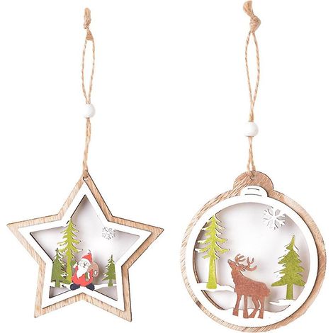 Ornement De Noël - Pendaison En Bois Naturel - Décoration Festive Pour Porte Fenêtre Cuisine Chambre - Lot De 6 (1/5)