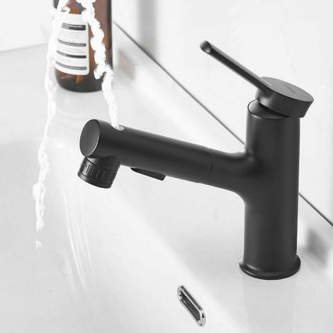 Robinet Cuisine - Robinet Tirer Vers Le Bas - 3 Modes de Pulvérisation - Finition Noire - Cartouche Céramique - Pour Évier avec Trou de Fixation 33 à 35 mm (1/2)