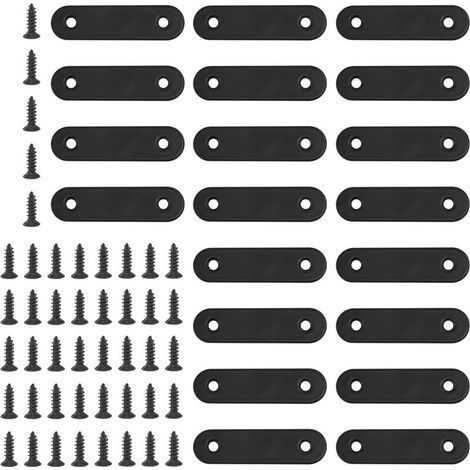 Lot de 20 équerres d'angle plates et droites de 60 mm en métal noir avec 45 vis pour meubles en bois (60 x 2 mm) (1/5)