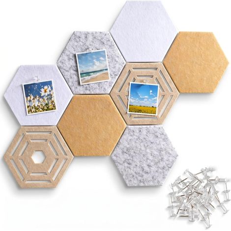 Lot de 8 Panneaux en Feutre Hexagonaux - Tableau d'Affichage Mural Auto-Adhésif avec 35 Punaises - Déco Pêle-Mêle Photo, Mémo Board, Panneau Acoustique pour Bureau, Chambre, Maison (1/5)