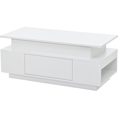 ELVMI Höhenverstellbarer Couchtisch mit 1 Schublade, verstecktem Stauraum und LED, für Wohnzimmer, Weiß (1/5)
