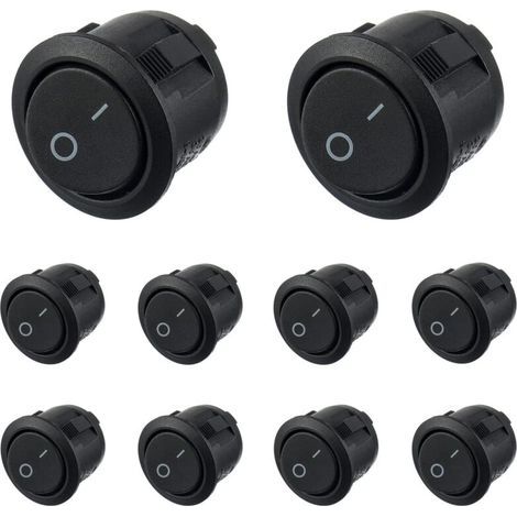 10-piece black round rocker switch, on/off, 2-pin AC, 6A (250V) 10A (125V) SPST, push-button rocker switch for auto, boat, marine, car, truck, light, and household applications (1/5)
