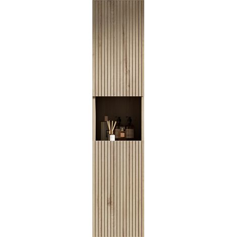 Armoire murale de salle de bain 160 cm en bois à veinage chêne blanc avec 2 portes et étagère ouverte, rangement étroit pour espaces réduits (1/5)