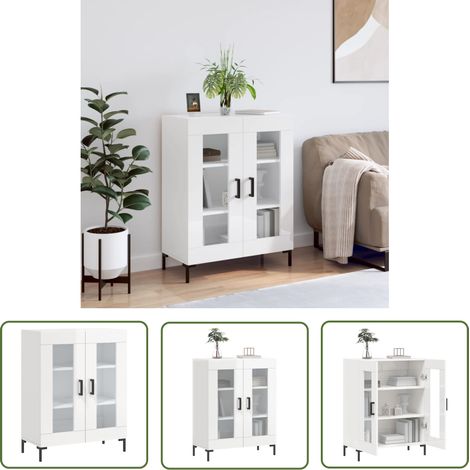 The Living Store Buffet Blanc brillant 69,5x34x90 cm Bois d'ingénierie - Buffet - Meuble De Rangement - Armoire - Commode - Mobilier (1/5)