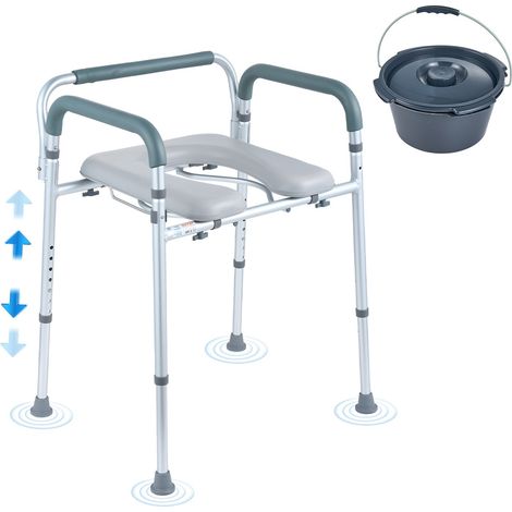 Chaise Percée, Chaise de Nuit avec Siège Rembourré et Accoudoirs, Hauteur Réglable sur 7 Niveaux, Seau Amovible de 5,8 L, Facile à Assembler, Capacité de 158,5 kg, Siège de Toilette Surélevé (1/5)