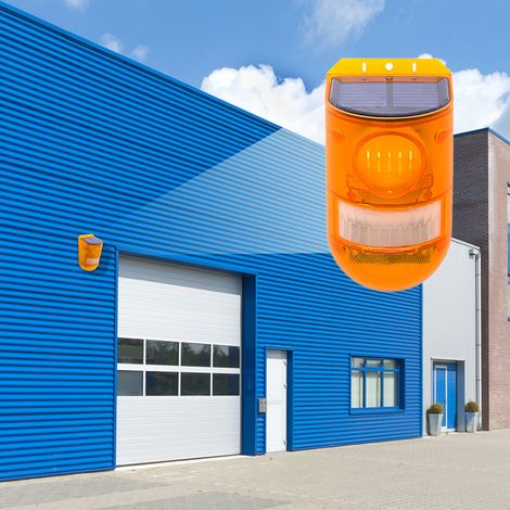 Lampe d'alarme solaire avec détecteur de mouvement PIR, stroboscope LED, sirène puissante de 110 dB, étanche IP65, rechargeable, pour ferme, entrepôt, cour, grange ou maison. Idéale pour la ferme, l'e
