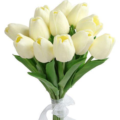 12Pcs Tulipe Artificielle Blanche, Fleurs Artificielles en Latex, Bouquet Fleur Artificielle, Fausse Tulipe Fleurs Artificielles Haut de Gamme pour Deco Mariage Jardin Maison Fête (1/5)