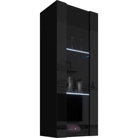 Vitrina colgante con LED  Armario  Mueble de Salón  Vitrina de pared  1 puerta 3 compartimentos  40x126x29cm  Modelo Nora V2  Negro brillo (1/4)