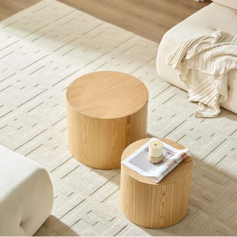 Set di 2 tavolini da caffè Ø48x38 e Ø38x32 cm naturale in MDF impilabili salvaspazio (1/3)
