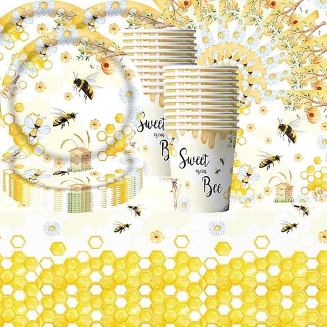 vaisselle de pique-nique à thème abeille pour enfants - Comprend assiettes, tasses, serviettes et nappes fête d'anniversaire d'enfants (1/5)