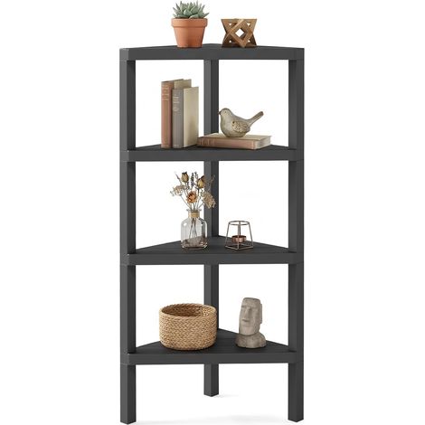 COSTWAY Supporto Scaffale ad Angolo,Libreria ad Angolo a 4 Ripiani,Scaffali a Doghe Aperte,Nero (1/5)