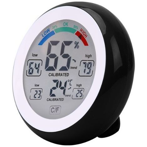 Kabelloses elektronisches Thermometer und Hygrometer, geeignet für den Innen- und Außenbereich, runder Touchscreen mit LCD-Display, Wetterstation, Schwarz