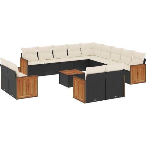 Salon de jardin avec coussins 14 pcs noir résine tressée (1/3)
