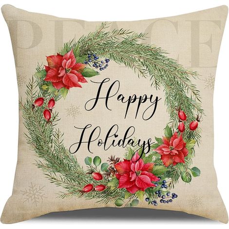 Housse De Coussin De Noël - Motif Guirlande Rustique Oiseau Fleur - Coton Lin - 45 x 45 cm - Pour Canapé Fauteuil Chaise Intérieur Hivernal - 1 Pièce