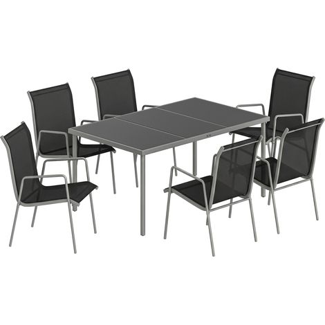 Essgruppe für den Außenbereich, 7-teilig, Glastisch & stapelbare Stühle