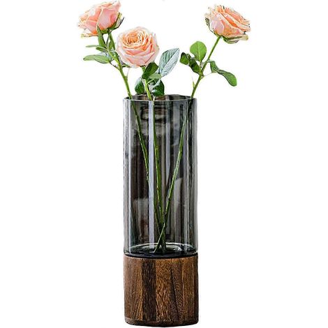 Vase cylindrique artistique de style bohème classique rustique en bois et verre, grand format, pour cheminée ou chambre à coucher, 30 cm de hauteur, référence 2025 (1/5)