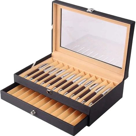Estuche para bolígrafos, 24 compartimentos, elegante diseño en piel sintética, color negro. (1/2)