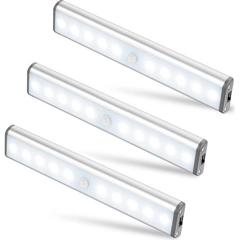 Lot de 3 Lampes 10 LED, Sans Fil, Rechargeable par USB, Aimanté, Détecteur de Mouvement, 2 Modes d’Éclairage, Portable. Lumière de Placard, Baladeuse de Secours, Veilleuse Enfant, Appoint (1/5)