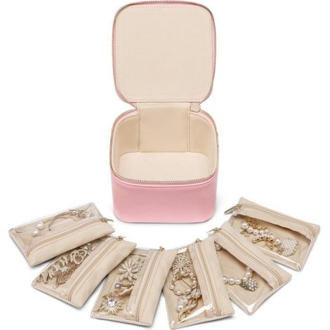 Boîte à bijoux de luxe en cuir rose, idéale pour colliers, bagues et boucles d'oreilles - 13 x 13 x 8,5 cm (1/4)