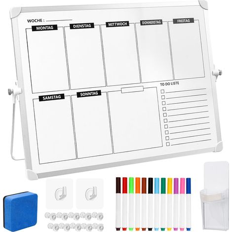 Tableau blanc effaçable double face, planificateur hebdomadaire mensuel magnétique, support d'écriture effaçable avec 12 marqueurs, épingles magnétiques transparentes, crochet adhésif, gomme pour (1/5)