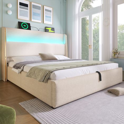 Letto matrimoniale 140x200 cm in legno e lino beige con contenitore e materasso FloraGrace (1/5)