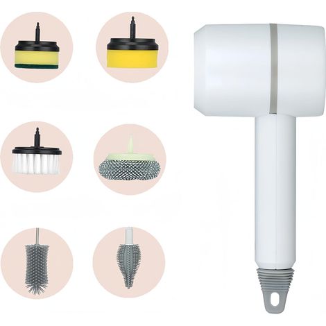 Brosse de nettoyage électrique rotative multifonctionnelle sans fil à 360° avec 6 têtes de brosse interchangeables, pour cuisine, salle de bain, douche, baignoire, vitres et voiture. (1/5)